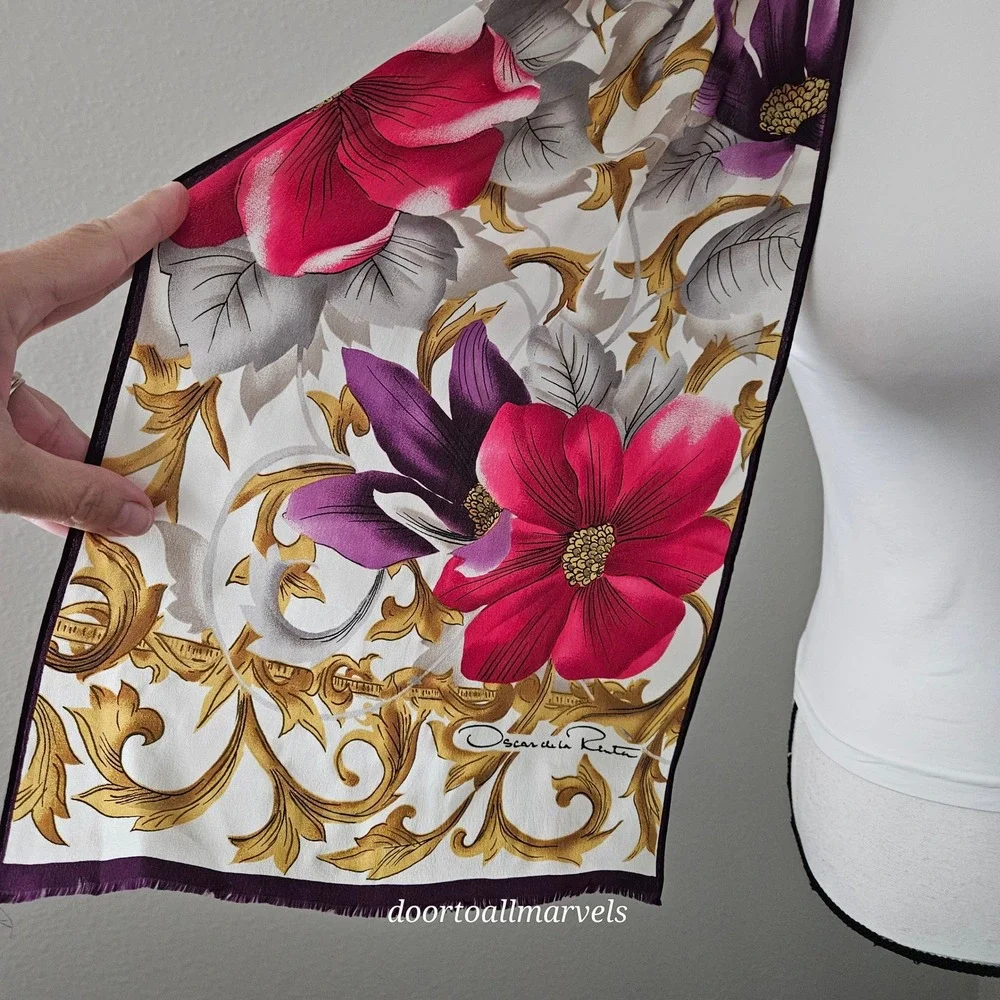 Vintage Oscar de la Renta Silk Scarf Floral Baroque Crepe de Chine Metallic Gold - Picture 4 of 11